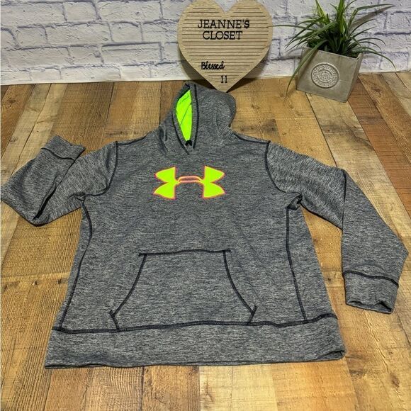 Under Armour Cold Gear Loose Fit Hoodie Gray Striped Fuscia Pink Pullover Sz L - Picture 10 of 10